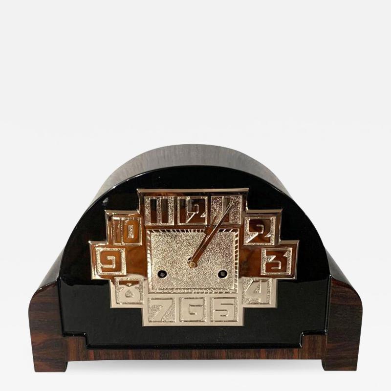 Art Deco Table Clock Macassar Black Lacquer and Nickel France circa 1930