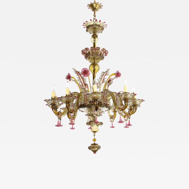 Art Deco Ten Arm Smoked Amber Rose Murano Glass Chandelier with Florettes
