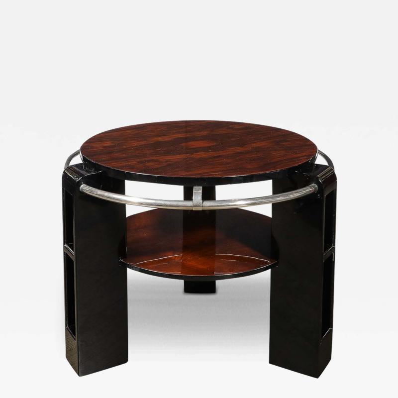 Art Deco Two Tier Book Matched Walnut Black Lacquer Occasional Table w Chrome