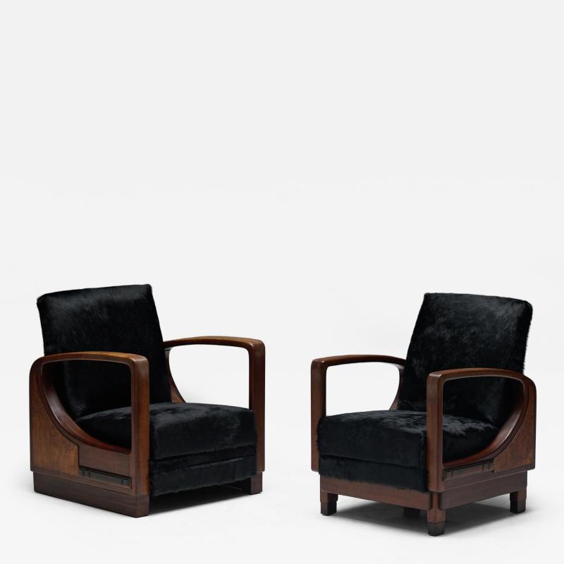 Art Deco Walnut Armchairs with Cowhide Upholstery France 1930s