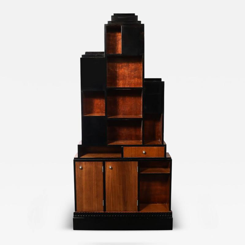 Art Deco Walnut Black Lacquer Skyscraper Style Bookshelf with Chrome Pulls