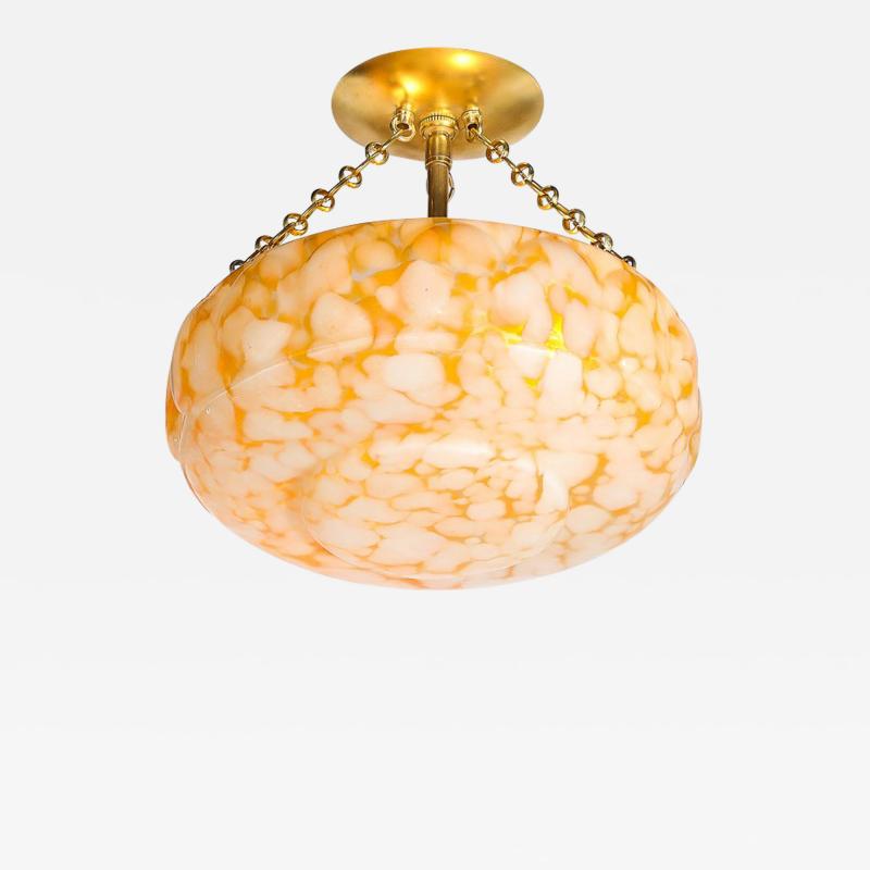 Art Deco White and Orange Glass Pendant Chandelier with Brass Fittings