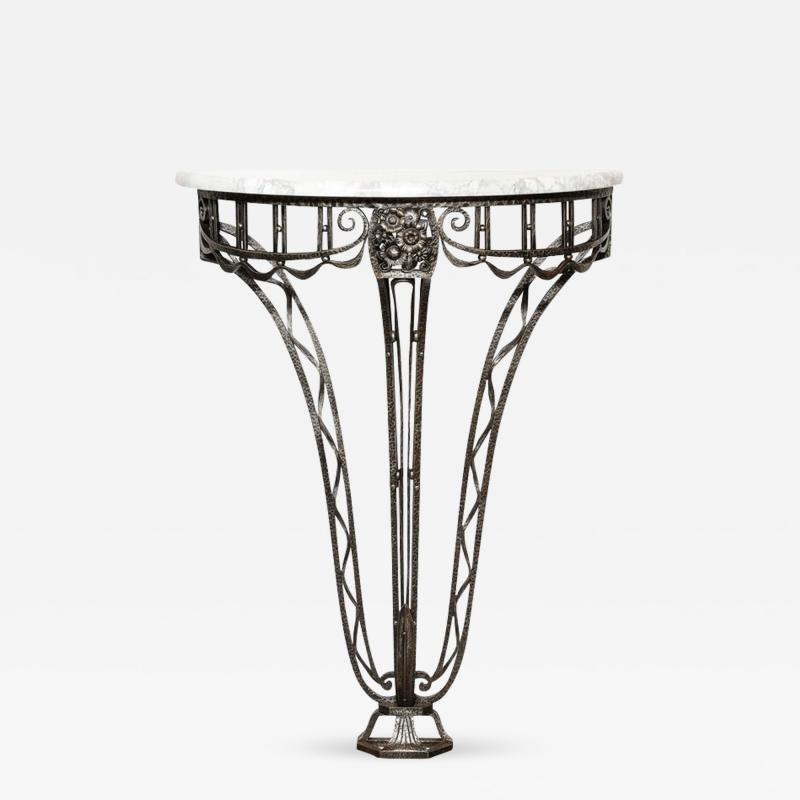 Art Deco Wrought Iron Console Table w Stylized Geometric Details Grey Marble