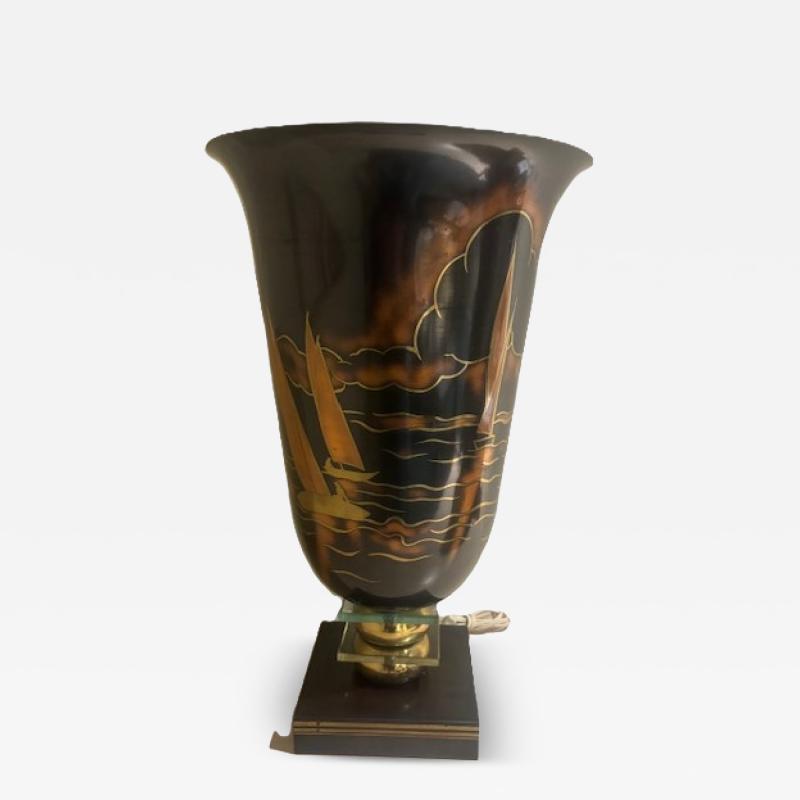 Art Deco metal urn lamp with decorated sallboat scenes on a square base