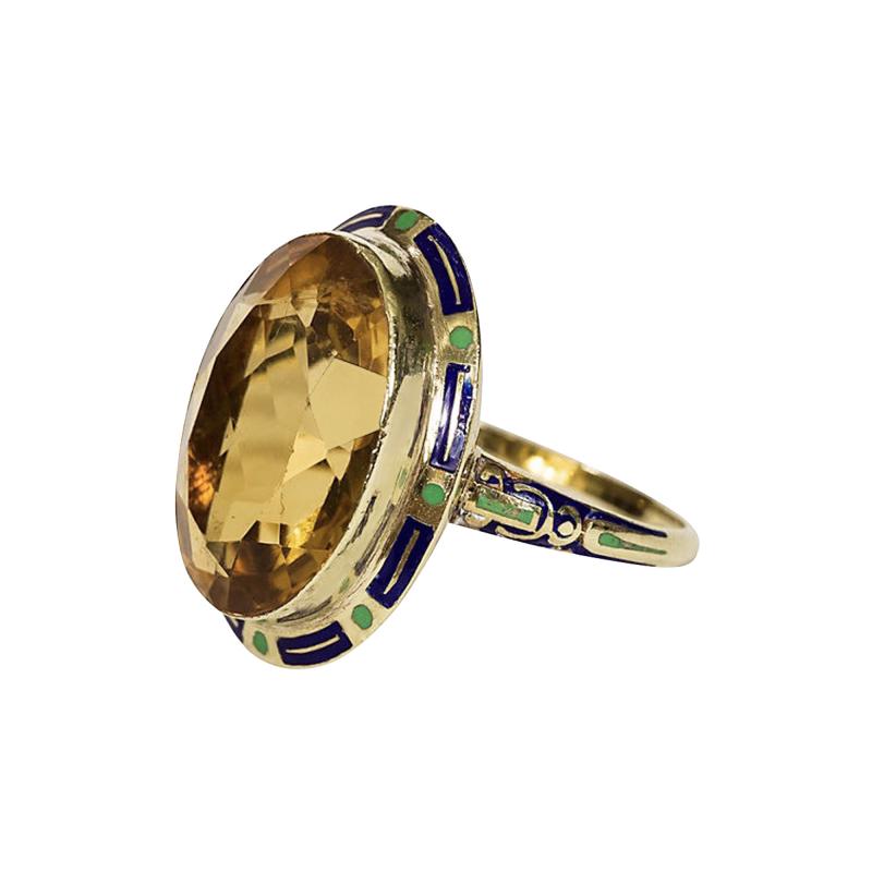 Art Deco14K Citrine and Glass Enamel Ring