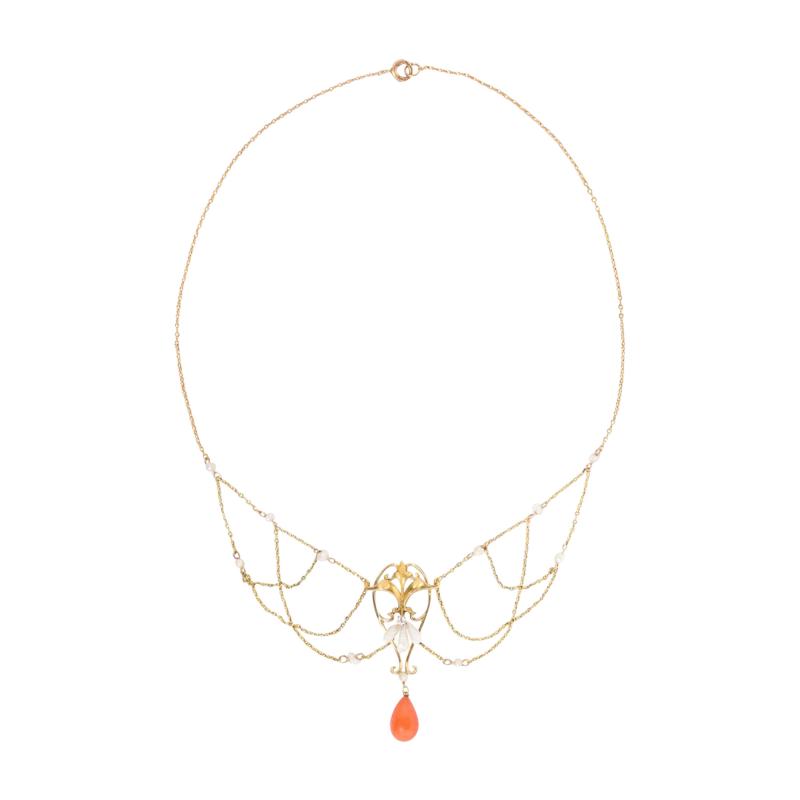 Art Nouveau 14k Gold Pearl Coral and Diamond Swag Necklace