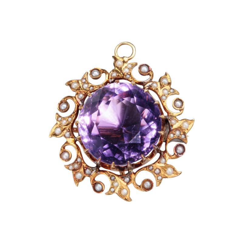 Art Nouveau Amethyst Seed Pearl 14kt Watch Pin