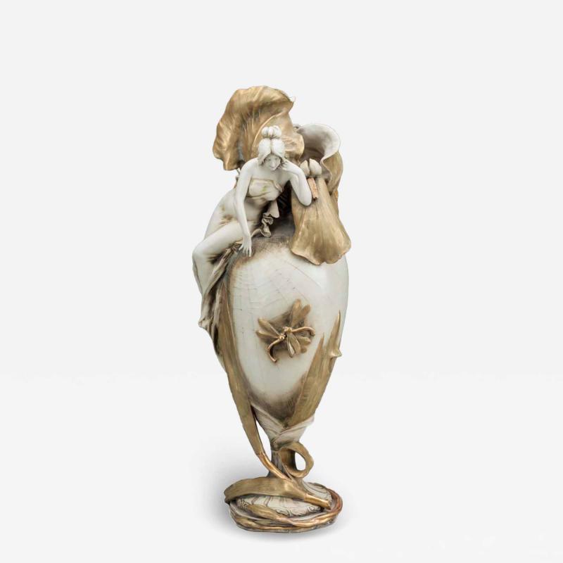 Art Nouveau Amphora Vase Bohemian Style Gold Gilt Painted Figural Flowers Lady