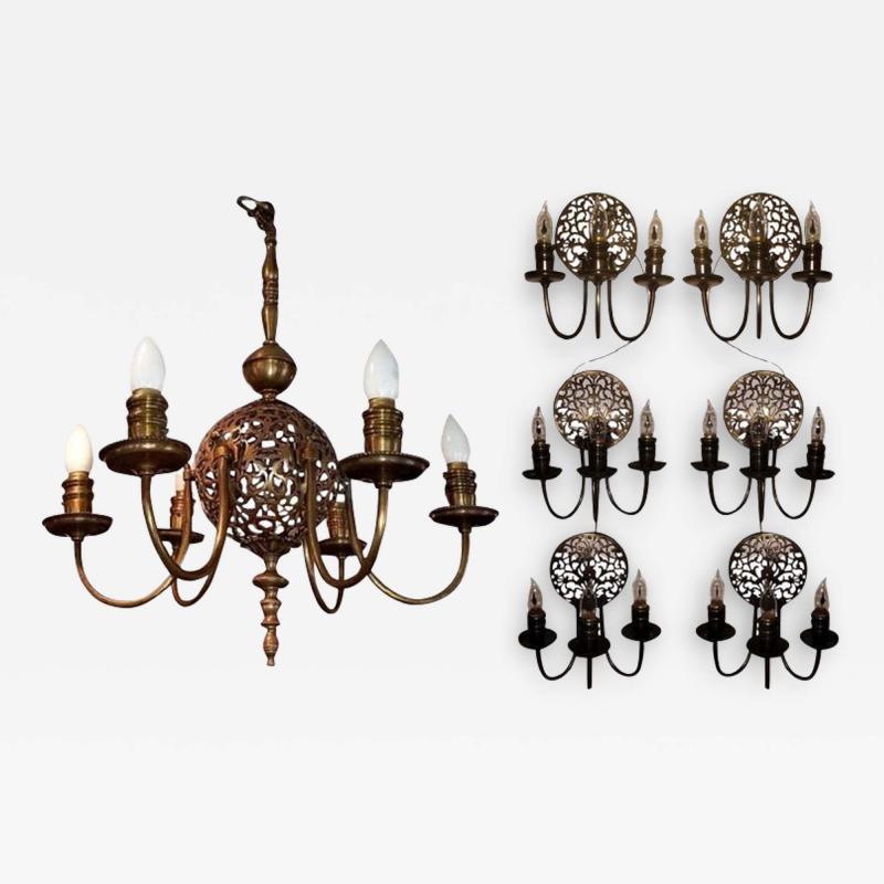 Art Nouveau Bronze Chandelier Wall Light Set