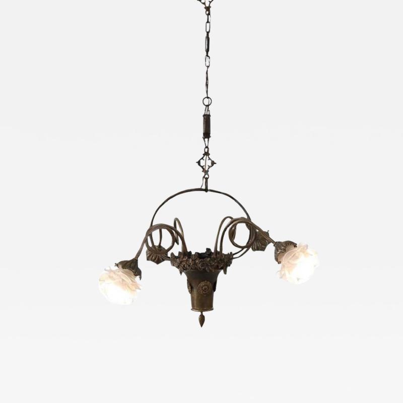 Art Nouveau Chandelier in Brass and Glass with 4 Bulbs