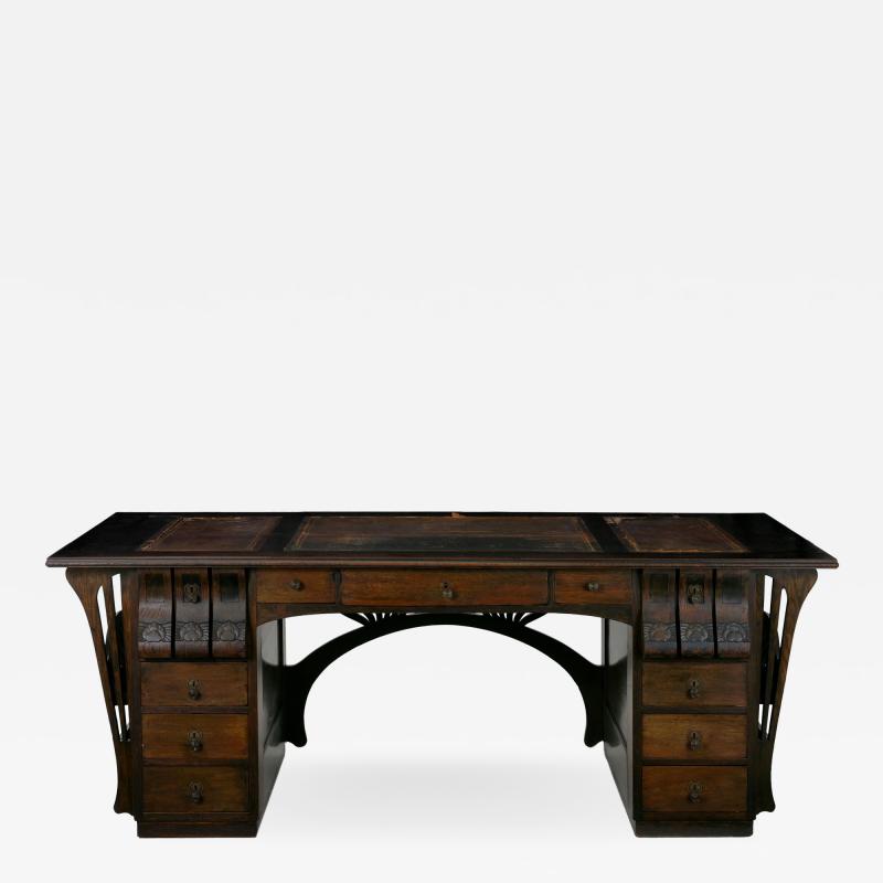 Art Nouveau Ebonized Oak Worn Leather Antique Pedestal Desk