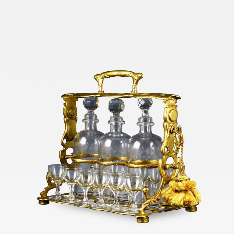 Art Nouveau French Gilded Bronze Tantalus and Liqueur Set