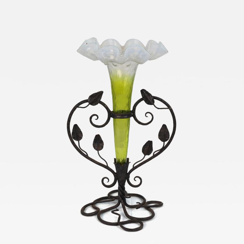 Art Nouveau French hand made iron epergne with a green Vaseline glass flower 