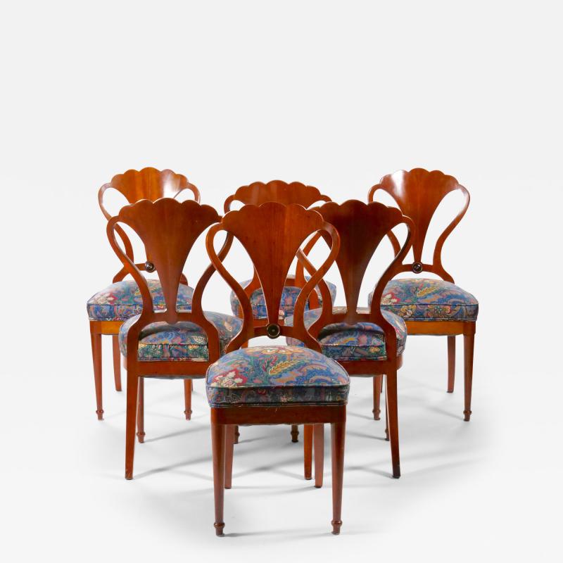 Art Nouveau Mahogany Wood Frame Shield Back Dining Chairs Set Six