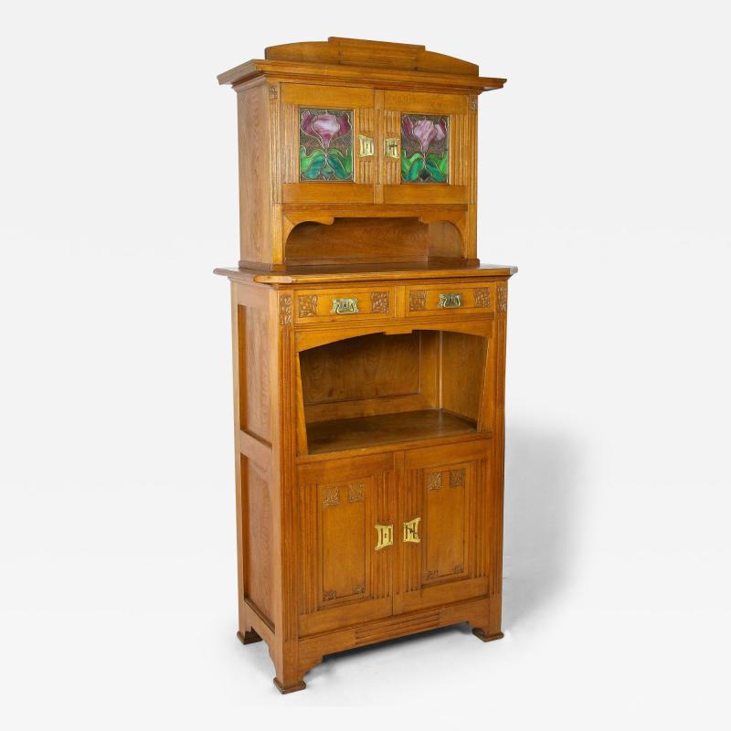 Art Nouveau Oakwood Cabinet Buffet With Tiffany Style Glass Inlays AT ca 1910