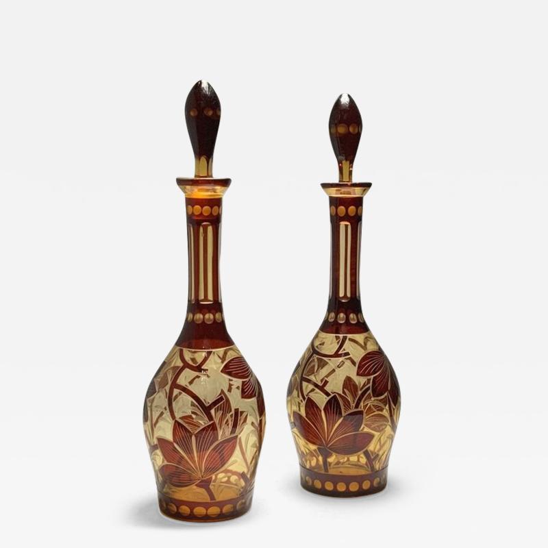 Art Nouveau Pair Of Handblown Hand Cut Crystal Bell Shaped Decanters