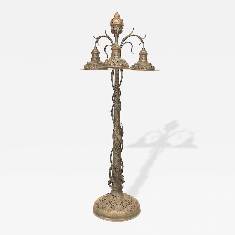 Art Nouveau Patinated Metal Jeweled Floor Lamp