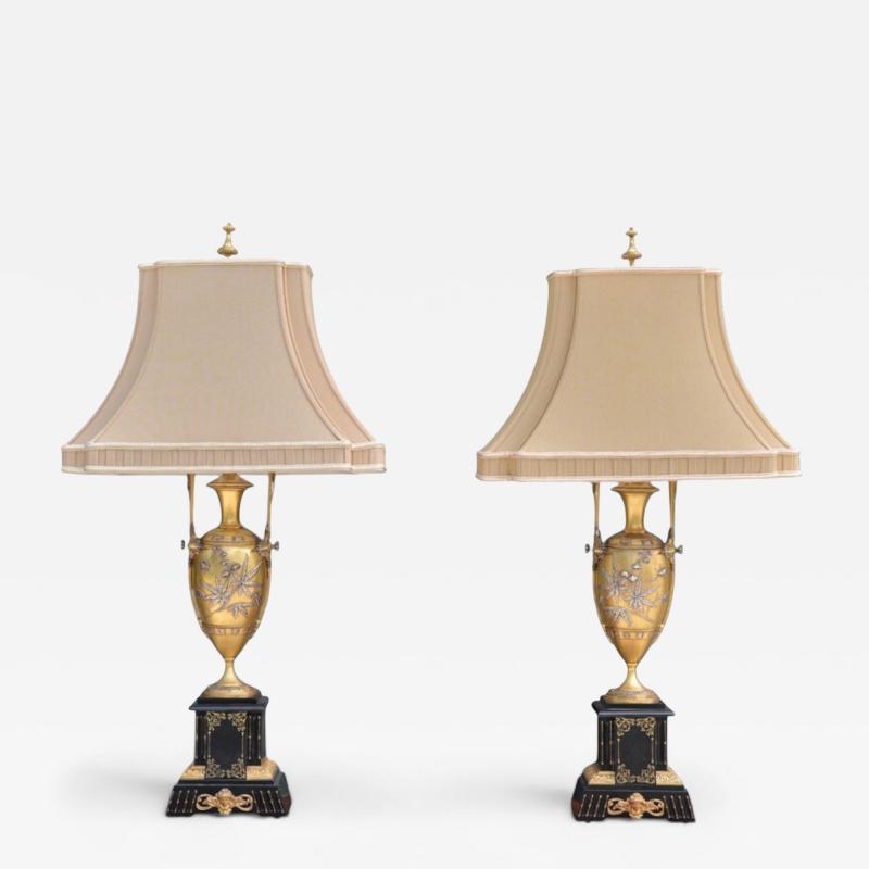 Art Nouveau Style Bronze Ebony Linen Table Lamps France 1920s