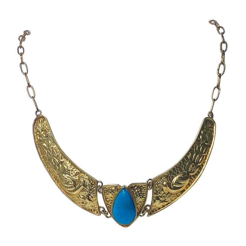 Art Nouveau Style Yellow Gold and Turquoise Necklace