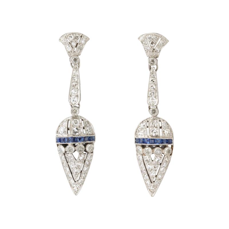 Art deco Diamond and Sapphire Drop Earrings