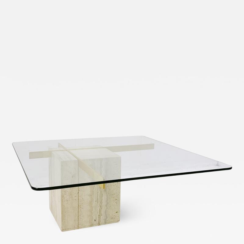 Artedi Mid Century Square Shaped Travertine and Glass Coffee Table by Artedi