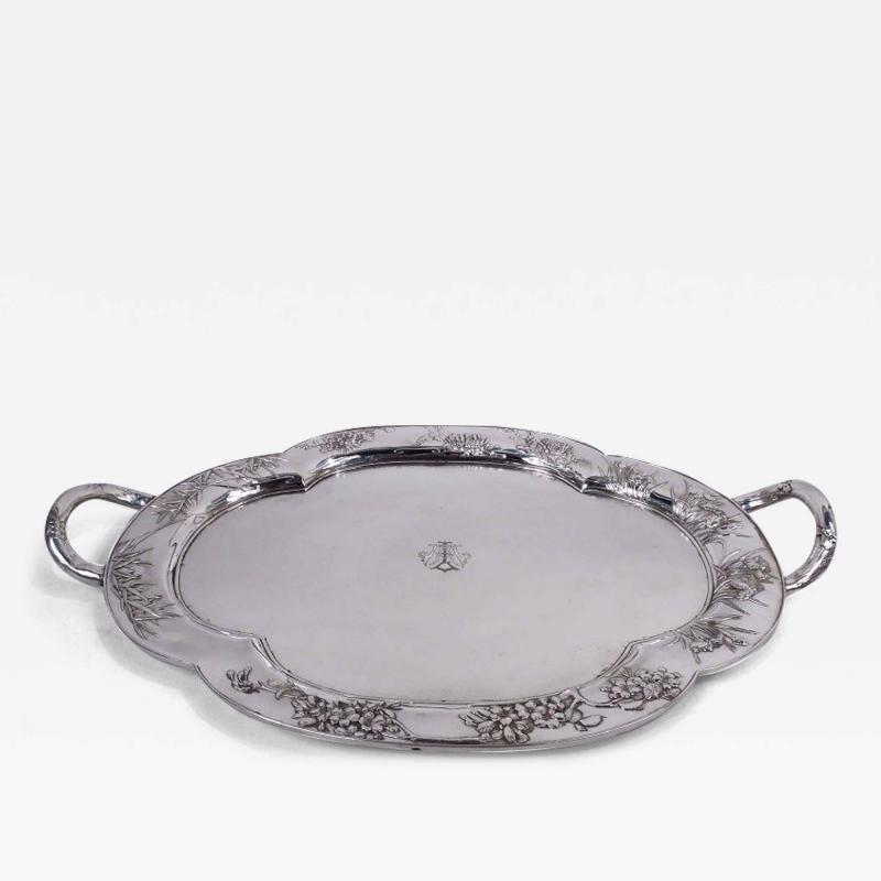 Arthur Bond Arthur Bond Japanese Meiji Art Nouveau Silver Bamboo Iris Tea Tray