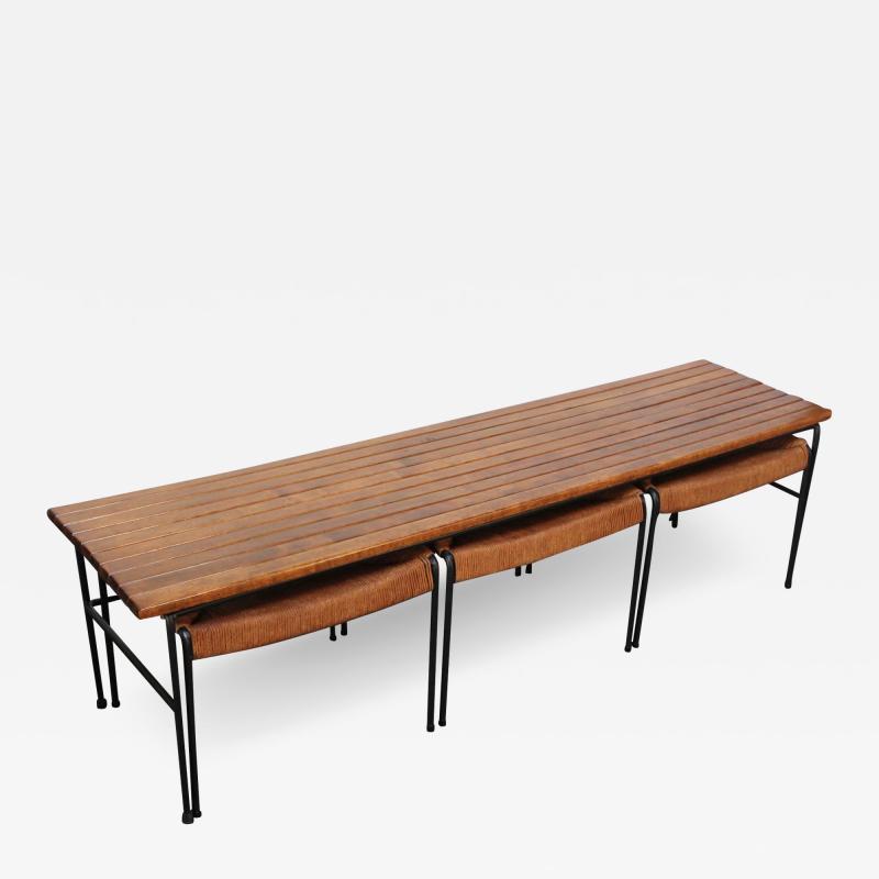 Arthur Umanoff Arthur Umanoff Birch and Iron Bench Coffee Table with Rush Nesting Stools