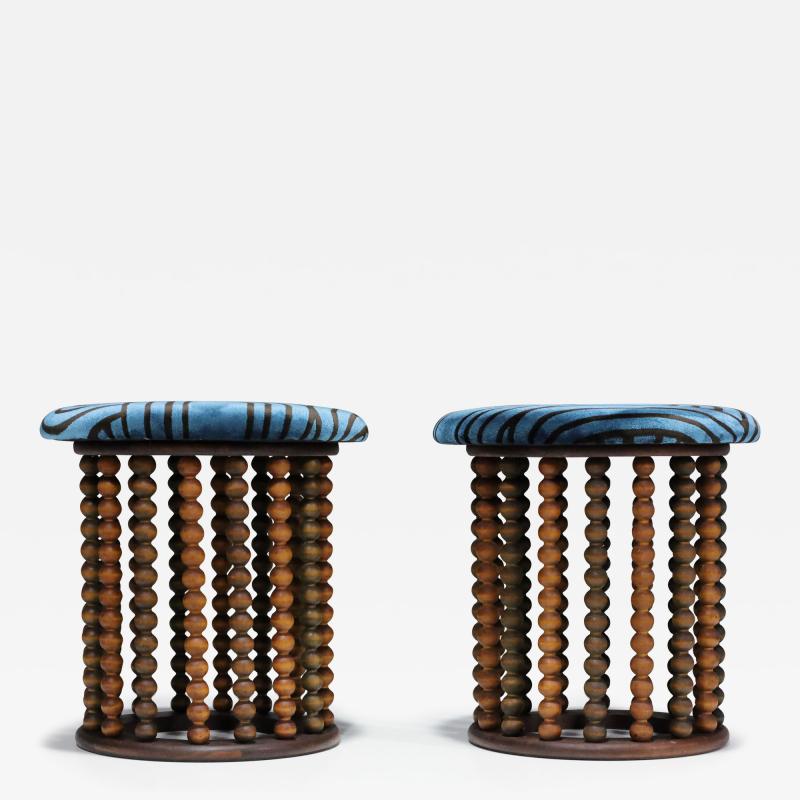 Arthur Umanoff Arthur Umanoff Style Beaded Wood Stools with New Upholstery