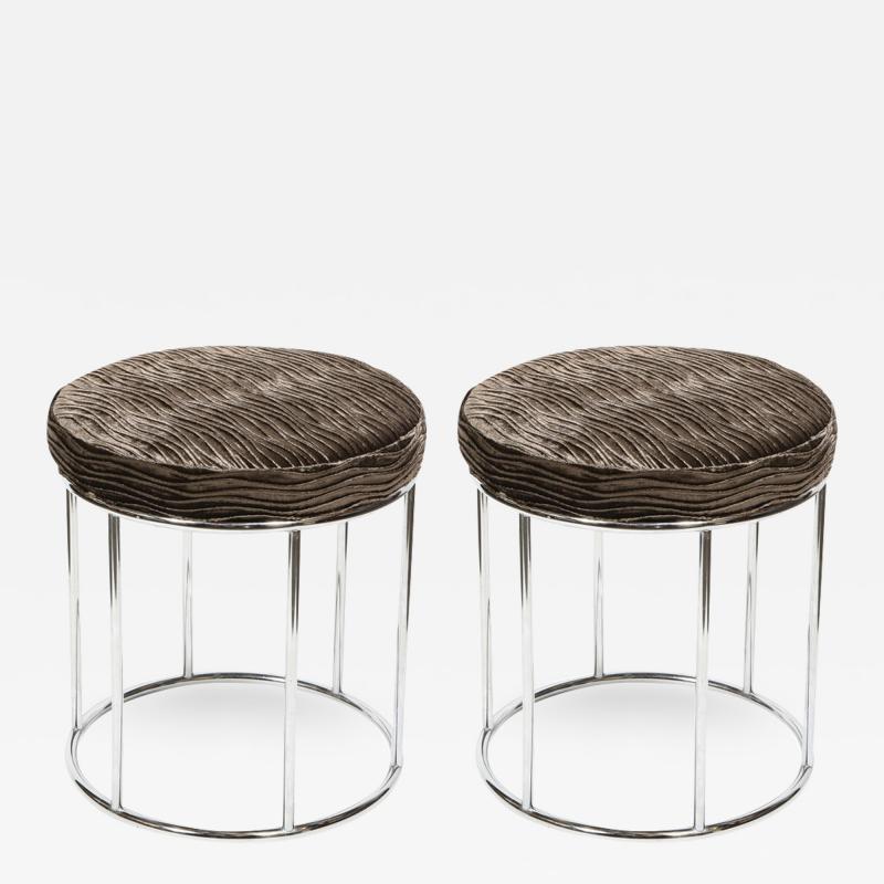 Arthur Umanoff Midcentury Chrome and Smoked Bronze Gauffraged Velvet Stools by Arthur Umanoff