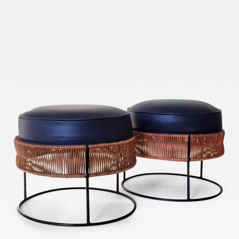 Arthur Umanoff Pair of Wrought Iron and Bamboo End Tables Stools Arthur Umanoff 1960