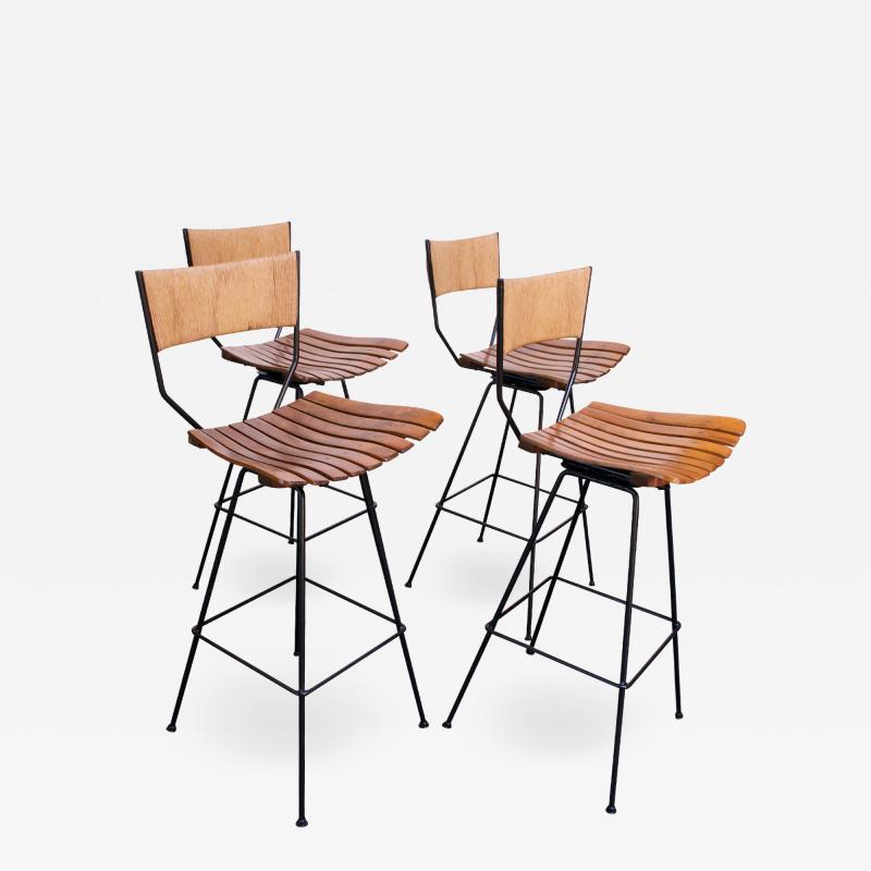 Arthur Umanoff Set of Four Rush and Iron Swiveling Bar Stools by Arthur Umanoff