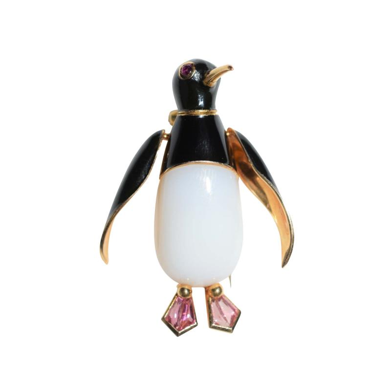 Articulated Penguin Brooch 18K Enamel and Agate