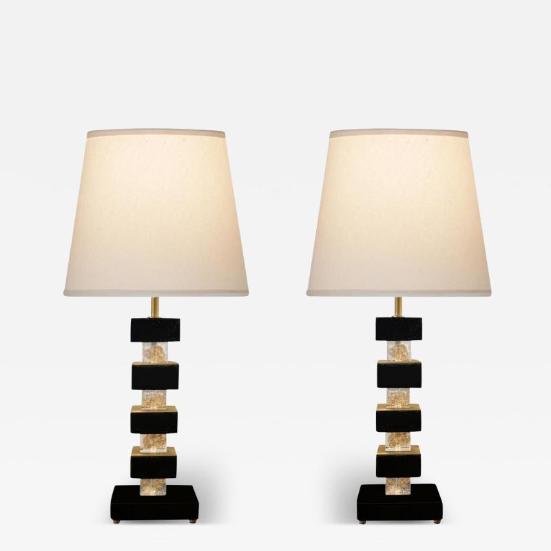 Artisan Pair of Black and Clear Murano Glass Cube Table Lamps