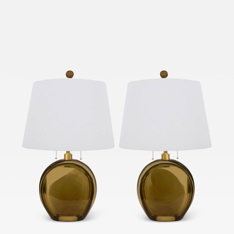 Artisan Pair of Murano Sommerso Glass and Brushed Brass Table Lamps