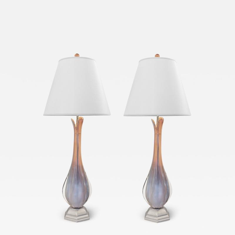 Artisan Pair of Sommerso Murano Glass Petal Top Lamps