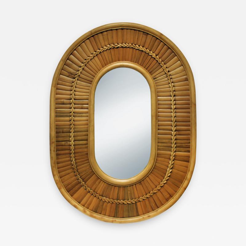 Artisan Racetrack Mirror in Rattan and Bamboo 1970s