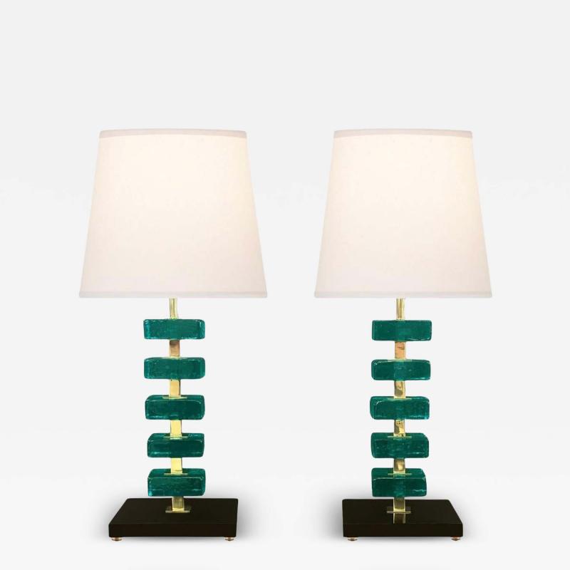 Artisan Turquoise Murano Glass Cube Brass Table Lamps