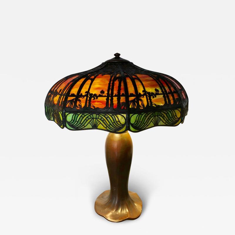 Arts Crafts Handel Palm Tree Table Lamp Signed on Base and Shade