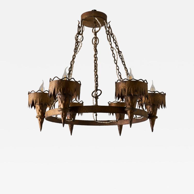 Arts Crafts Wrought Iron Chandelier with Six Torches 20th Century
