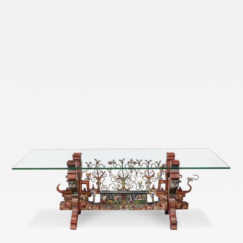 Arts and Crafts Sicilian Polychromed Wood Iron Glass Top Oxcart Cocktail Table