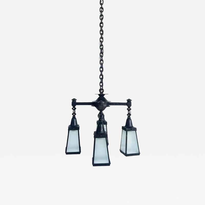 Arts and Crafts Wrought Iron Glass 4 Lantern Chandelier With Canopy