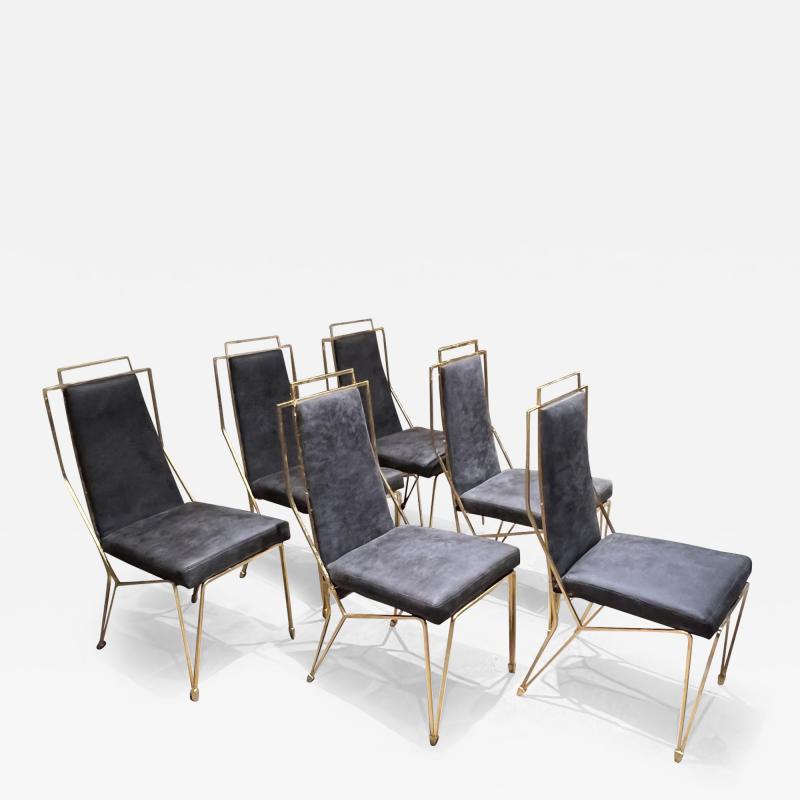 Arturo Pani 1950s Mexico Arturo Pani Modern Set of Six Gold Leaf Dining Chairs Rich Gray
