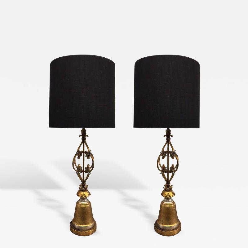 Arturo Pani Pair of Arturo Pani Style Wrought Iron Gold Leaf Lamps