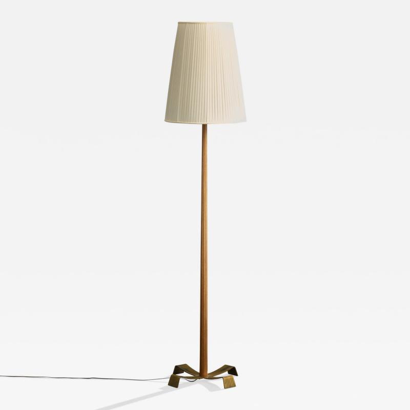 Arvid Bohlmarks Lampfabrik Floor Lamp with Brass Wood and Fabric Sweden 1940s