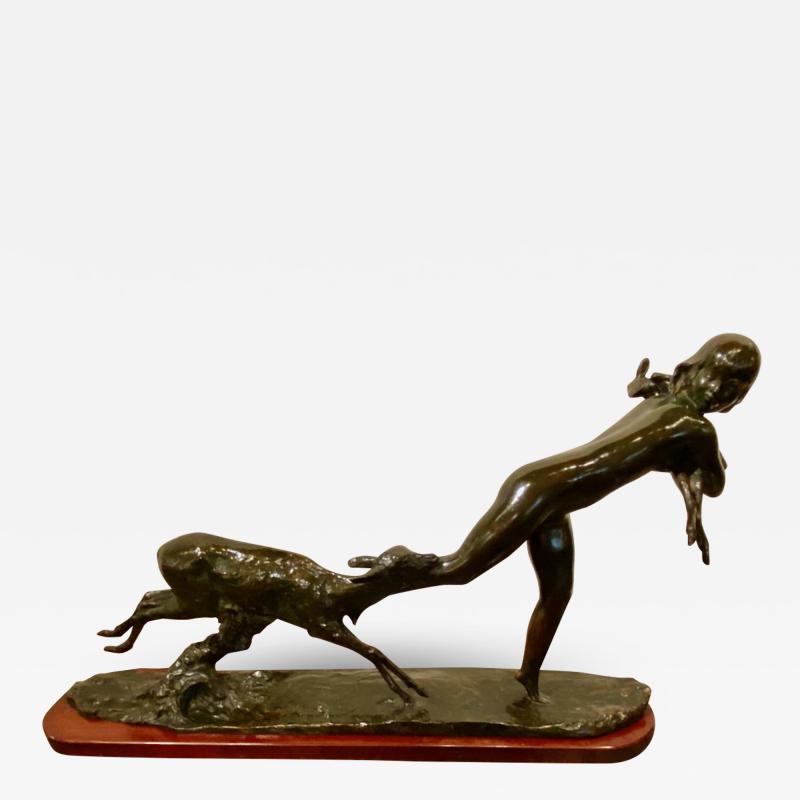 Ary Jean Leon Bitter Ary Bitter Bronze Art Deco Sculpture Woman Running with Lambs