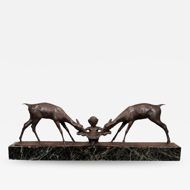 Ary Jean Leon Bitter Two Deer and Faun Bronze Group by Ary Bitter