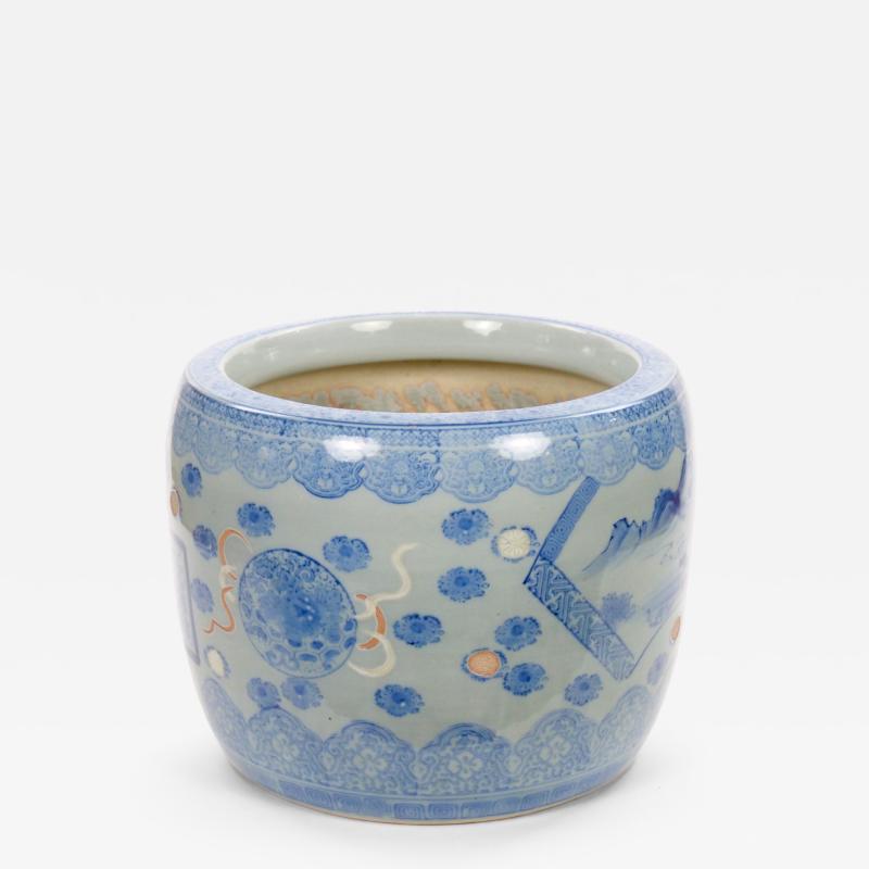 Asian Blue and White Porcelain Planter or Fish Bowl Late 20th Century