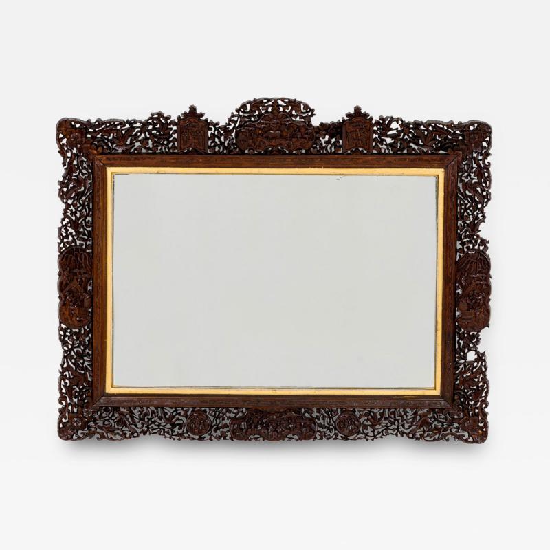Asian Burmese Style Teak Filigree Wall Mirror