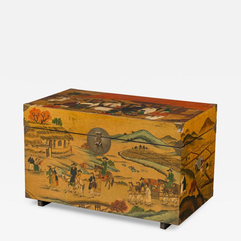 Asian Chinese Box Hand Painted with Depiction of a Village Gathering