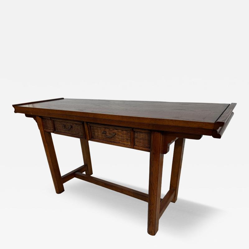Asian Inspired Oak Flip Top 2 Drawer Desk Console Table w Rattan Front